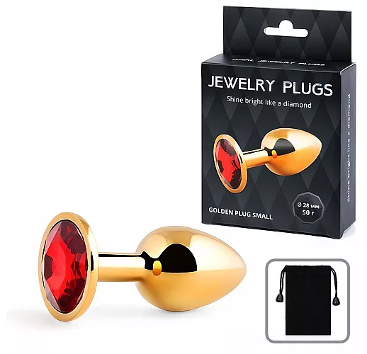 Металлическая золотистая анальная пробка Jewelry Plug с красным стразом - 7,2 см.  ⌀ 2,8 см.