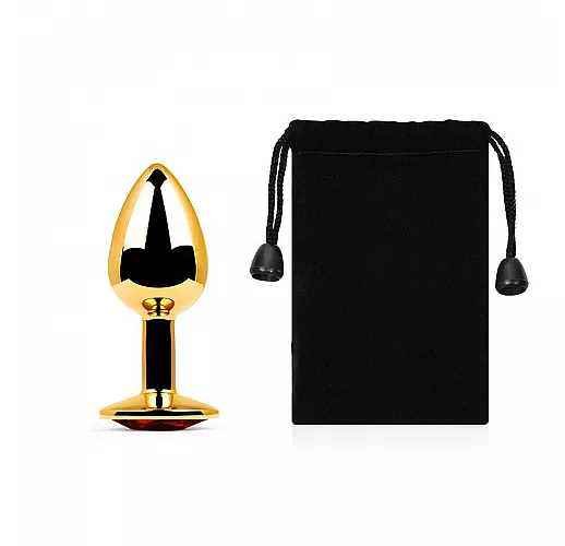 Металлическая золотистая анальная пробка Jewelry Plug с красным стразом - 7,2 см.  ⌀ 2,8 см.