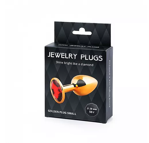 Металлическая золотистая анальная пробка Jewelry Plug с красным стразом - 7,2 см.  ⌀ 2,8 см.