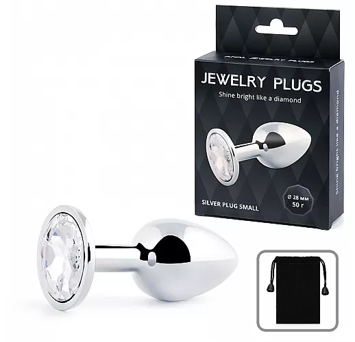Металлическая серебристая анальная пробка Jewelry Plug с прозрачным стразом - 7,2 см. ⌀ 2,8 см.