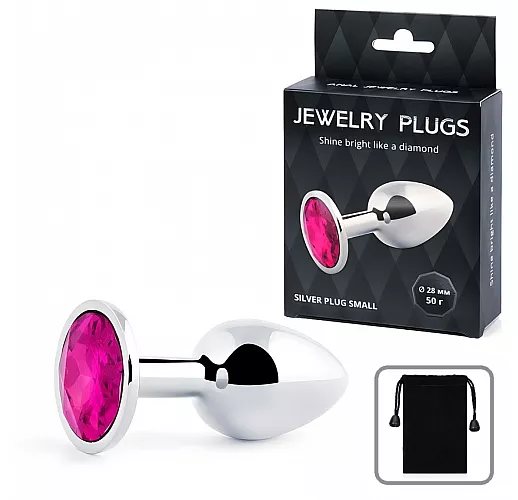 Металлическая серебристая анальная пробка Jewelry Plug с малиновым стразом - 7,2 см. ⌀ 2,8 см.