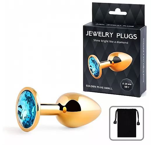 Металлическая золотистая анальная пробка Jewelry Plug с голубым стразом - 7,2 см. ⌀ 2,8 см.