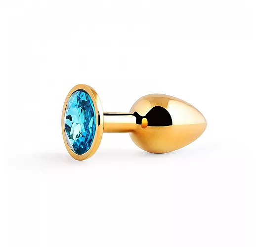 Металлическая золотистая анальная пробка Jewelry Plug с голубым стразом - 7,2 см. ⌀ 2,8 см.