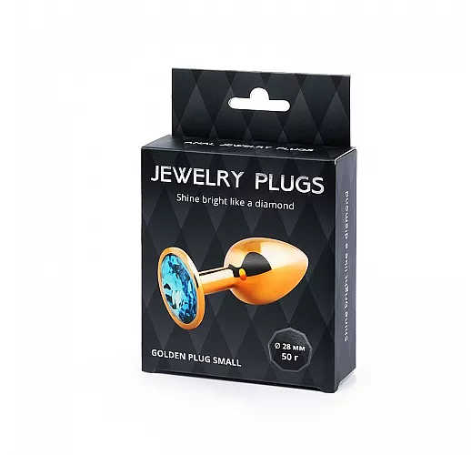 Металлическая золотистая анальная пробка Jewelry Plug с голубым стразом - 7,2 см. ⌀ 2,8 см.