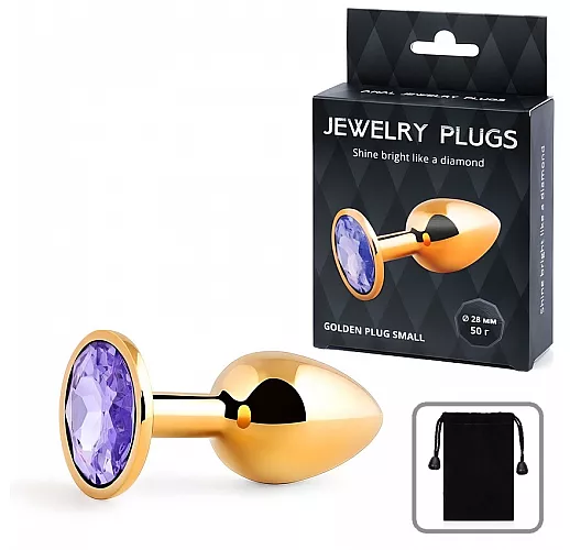 Металлическая золотистая анальная пробка Jewelry Plug с фиолетовым стразом - 7,2 см. ⌀ 2,8 см.