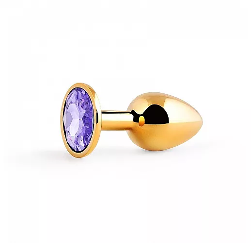 Металлическая золотистая анальная пробка Jewelry Plug с фиолетовым стразом - 7,2 см. ⌀ 2,8 см.