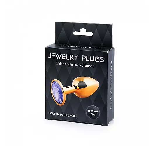 Металлическая золотистая анальная пробка Jewelry Plug с фиолетовым стразом - 7,2 см. ⌀ 2,8 см.