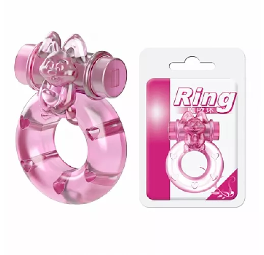 Розовое эрекционное виброкольцо Ring Rabbit в виде "кролика" c пенисом для стимуляции клитора