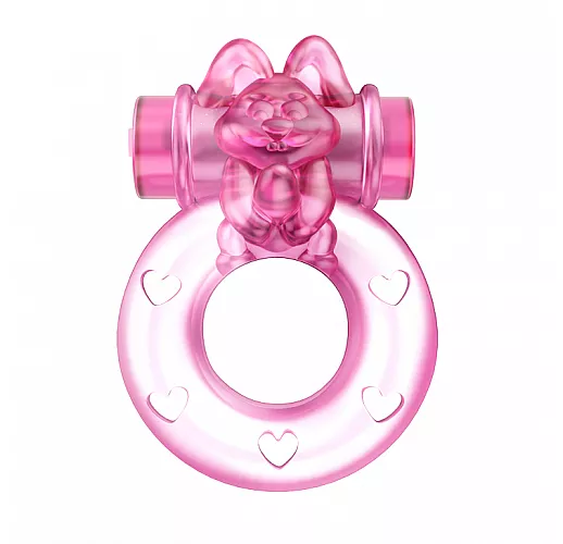 Розовое эрекционное виброкольцо Ring Rabbit в виде "кролика" c пенисом для стимуляции клитора