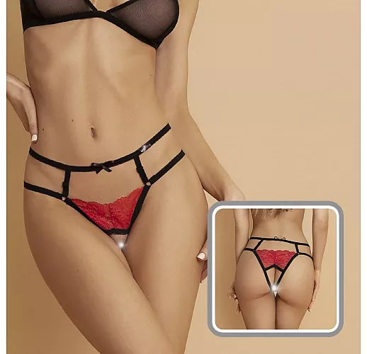 Интригующие красно-чёрные трусики из Easy to love Cl. от Le Frivole с доступом и лентами S-M