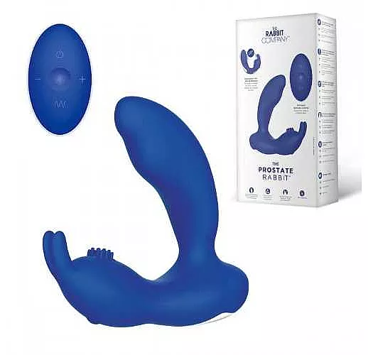Синий массажёр простаты Prostate Rabbit с вибрацией и пультом ДУ