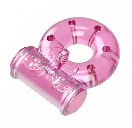 Розовое эрекционное виброкольцо Ring Butterfly в виде "бабочки" c брюшком для стимуляции клитора