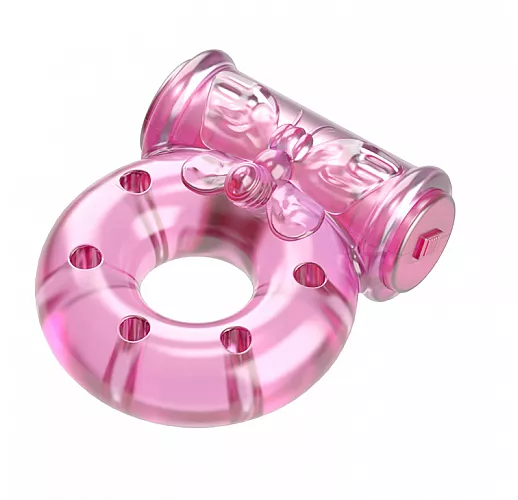 Розовое эрекционное виброкольцо Ring Butterfly в виде "бабочки" c брюшком для стимуляции клитора