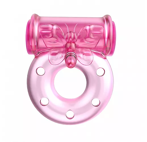 Розовое эрекционное виброкольцо Ring Butterfly в виде "бабочки" c брюшком для стимуляции клитора