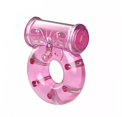 Розовое эрекционное виброкольцо Ring Butterfly в виде "бабочки" c брюшком для стимуляции клитора