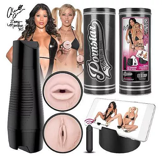 Мастурбатор PORNSTAR с 2 рукавами и вибрацией - вагина Zoey Monroe и ротик Alexis Amore