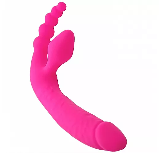 Cиликоновый безремневой страпон Bright Love Pink с вибрацией и анальной "ёлочкой" - 15 см.