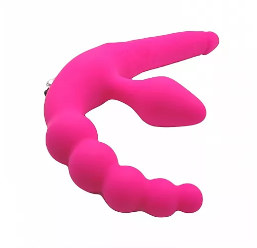 Cиликоновый безремневой страпон Bright Love Pink с вибрацией и анальной "ёлочкой" - 15 см.