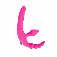 Cиликоновый безремневой страпон Bright Love Pink с вибрацией и анальной "ёлочкой" - 15 см.