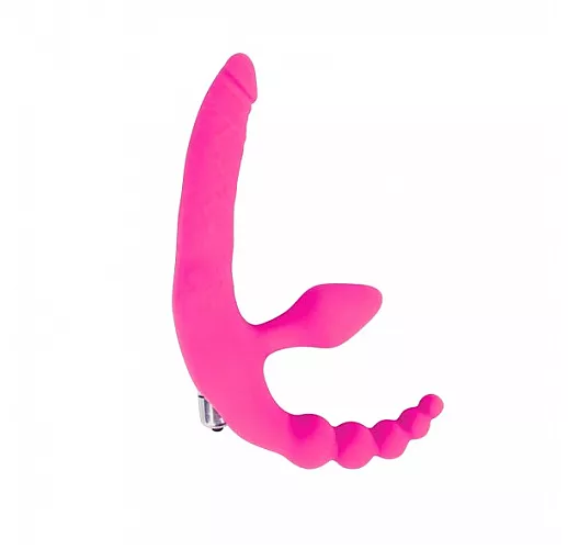 Cиликоновый безремневой страпон Bright Love Pink с вибрацией и анальной "ёлочкой" - 15 см.