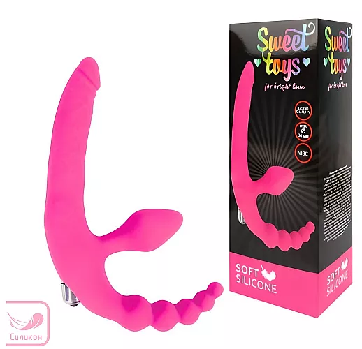 Cиликоновый безремневой страпон Bright Love Pink с вибрацией и анальной "ёлочкой" - 15 см.