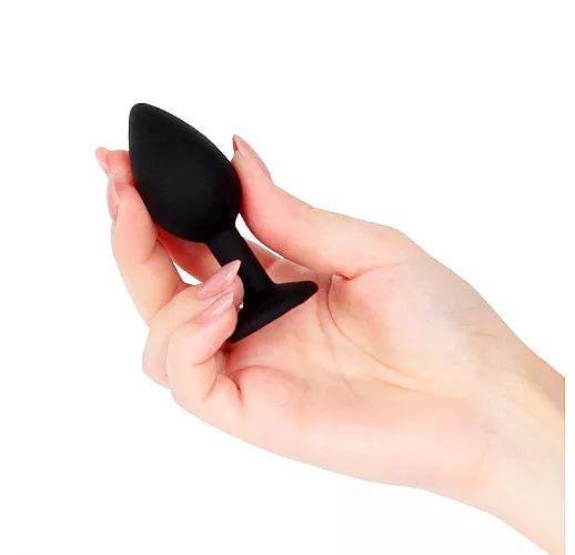 Чёрная силиконовая анальная пробка Sexy Friend "Love Play" с голубым стразом - 7,3 см. ⌀ 3 см.