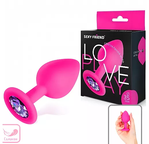 Розовая силиконовая анальная пробка Sexy Friend "Love Play" с лиловым стразом - 8 см. ⌀ 3,5 см.