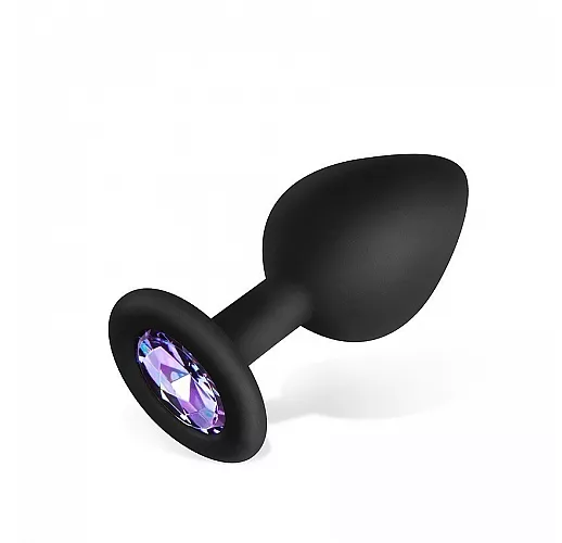 Чёрная силиконовая анальная пробка Sexy Friend "Love Play" с лиловым стразом - 8 см. ⌀ 3,5 см.
