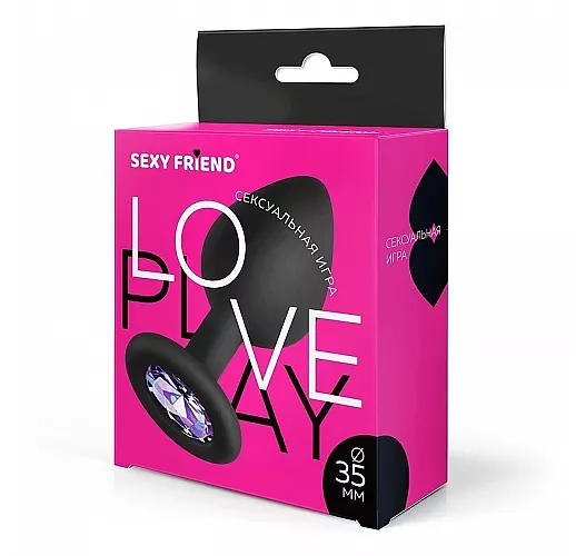 Чёрная силиконовая анальная пробка Sexy Friend "Love Play" с лиловым стразом - 8 см. ⌀ 3,5 см.