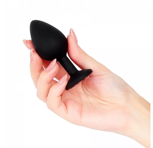 Чёрная силиконовая анальная пробка Sexy Friend "Love Play" с красным стразом - 8 см. ⌀ 3,5 см.