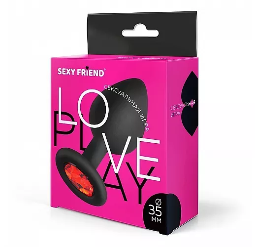 Чёрная силиконовая анальная пробка Sexy Friend "Love Play" с красным стразом - 8 см. ⌀ 3,5 см.