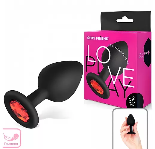 Чёрная силиконовая анальная пробка Sexy Friend "Love Play" с красным стразом - 8 см. ⌀ 3,5 см.