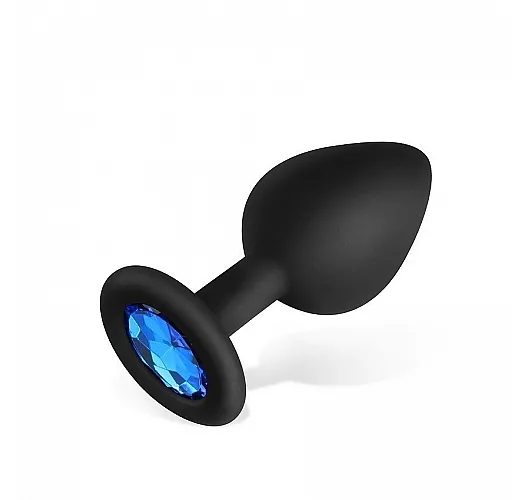 Чёрная силиконовая анальная пробка Sexy Friend "Love Play" с голубым стразом - 8 см. ⌀ 3,5 см.