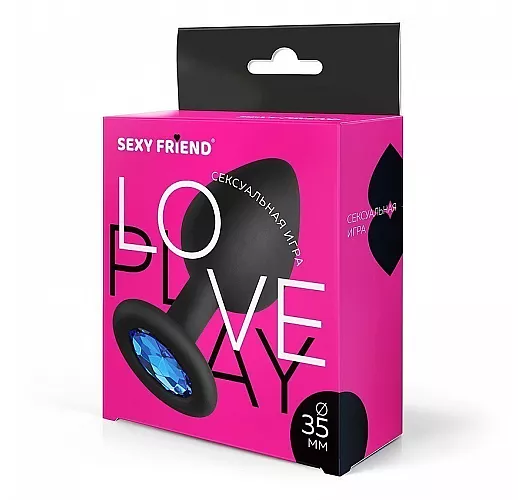 Чёрная силиконовая анальная пробка Sexy Friend "Love Play" с голубым стразом - 8 см. ⌀ 3,5 см.