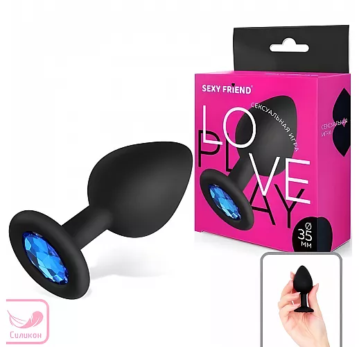 Чёрная силиконовая анальная пробка Sexy Friend "Love Play" с голубым стразом - 8 см. ⌀ 3,5 см.