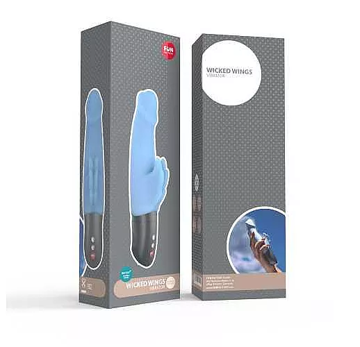 Голубой вибратор Wicked Wings с клиторальными крылышками - 19,8 см.