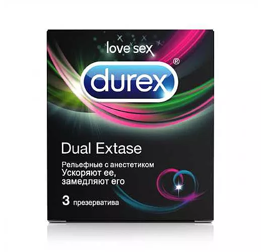 Рельефные презервативы с анестетиком Durex Dual Extase - 3 шт.