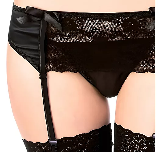 Кружевной пояс с атласными бантиками и трусики-стринги M-L черный