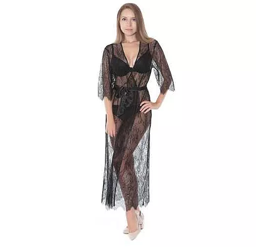 Длинный полупрозрачный кружевной халатик с пояском M черный