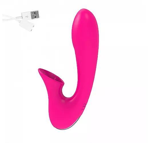 Розовый вибромассажер с язычками для клиторальной стимуляции - 14 см.