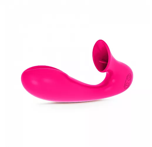 Розовый вибромассажер с язычками для клиторальной стимуляции - 14 см.