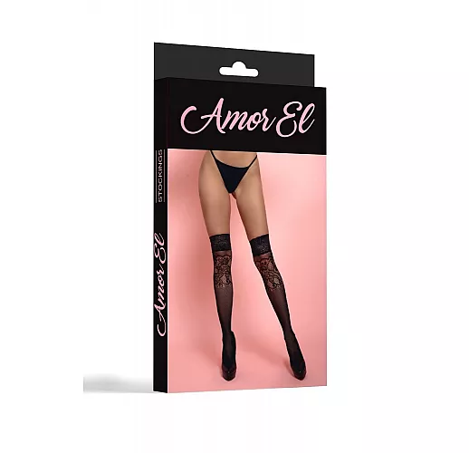 Ажурные чёрные чулки от Amor El в мелкую сетку и кружевной резинкой на силиконе S-M-L