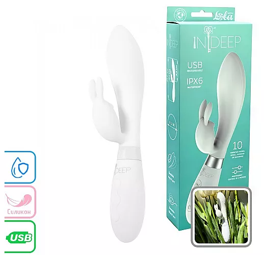 Белый вибратор-кролик Indeep Pro "Theona" 10 режимов, двойная стимуляция, IPX6, USB - 21,5 см.