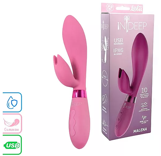Малиновый вибратор-кролик Indeep Pro "Malena" 10 режимов, двойная стимуляция, IPX6, USB - 21,5 см.