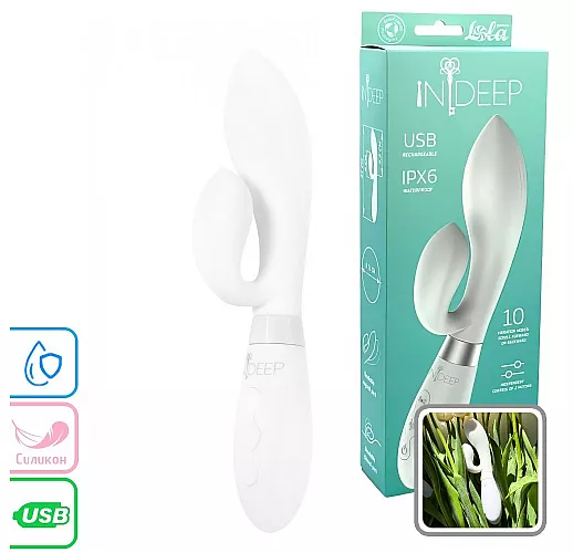 Белый вибратор-кролик Indeep Pro "Juna" 10 режимов, двойная стимуляция, IPX6, USB - 21,5 см.