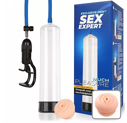 Прозрачная вакуумная помпа SE "Much Pleasure" с насадкой-вагиной и клапаном - 30 см. ⌀ 6,5 см.