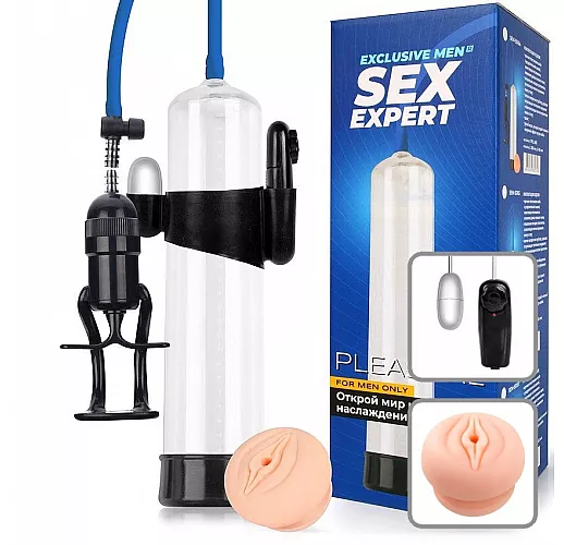 Прозрачная вакуумная помпа SE "Much Pleasure" с вибрацией и насадкой-вагиной - 30 см. ⌀ 6,5 см.
