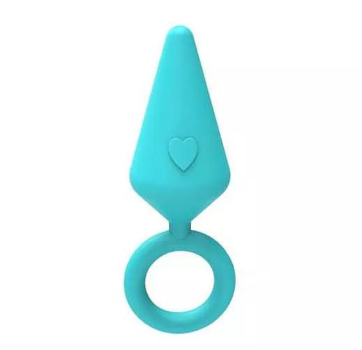 Бирюзовая конусовидная анальная пробка с колечком-ограничителем - 9 см.
