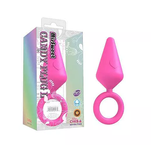 Розовая конусовидная анальная пробка с колечком-ограничителем - 9 см.