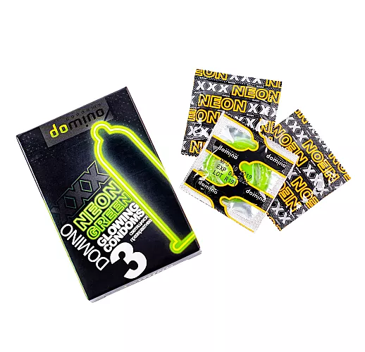 Презервативы Domino "Neon Green" прозрачно-зеленого цвета со светящимся в темноте кончиком - 3 шт.